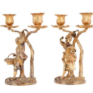 Pair of English Vermeil Figural Sterling Silver Candlesticks