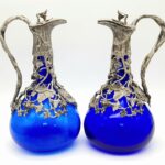 A Pair of Antique Cobalt Blue Decorative Silver Russian Wine Vessels.