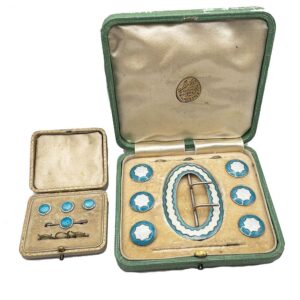 C1909 Sterling Silver Guilloche Enamel Belt Buckles and Button set with box