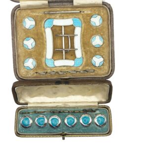 Antique Sterling Silver Guilloché Enamel Belt Buckle and Button Sets with Original Box