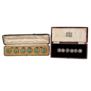 Two Sets of Antique Sterling Silver Buttons with Enamel and Griffin Motif, with Original Boxes