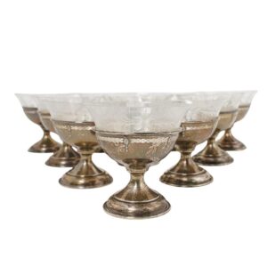 Antique International Sterling Silver Footed Cups w/ Etched Glass Inserts