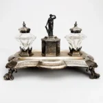 Edward Barnard & Sons Victorian Sterling Silver Inkstand with Cut Glass Inkwells