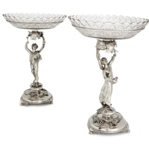 Pair of Victorian Sterling Silver and Glass Figural Comports, Stephen Smith & Son, London 1872