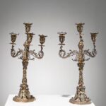 Pair of Victorian Scottish Gilt Sterling Silver Four-Light Candelabra, Edinburgh 1879