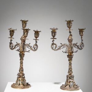 Pair of Victorian Scottish Gilt Sterling Silver Four-Light Candelabra, Edinburgh 1879