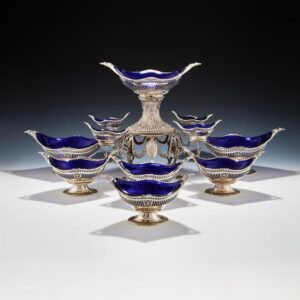 Victorian Sterling Silver Epergne with Six Dessert Baskets, Charles Stuart Harris