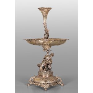 Large Figural Silver Centerpiece with Satyr and Maiden, Hallmarked “MG”
